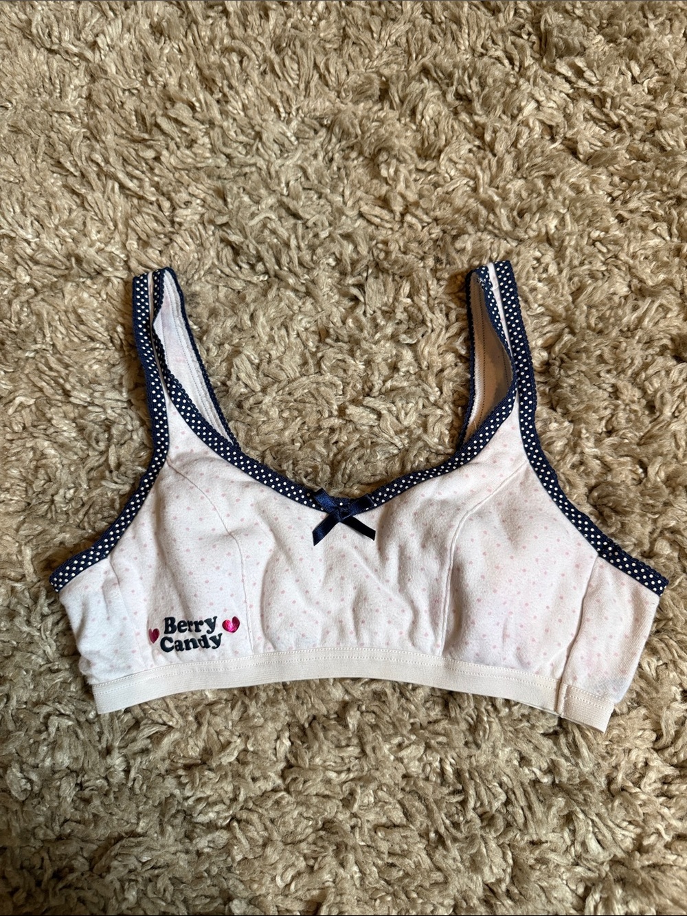 Girly Coquette Light Pink Polka Dot Soft Bra with Navy Trim and Bow